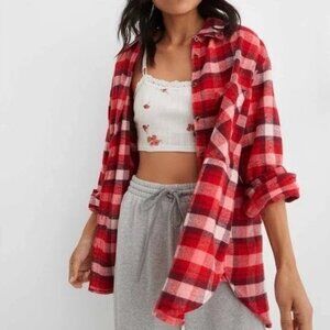 Aerie Cozy Red Plaid Flannel Shirt EUC!